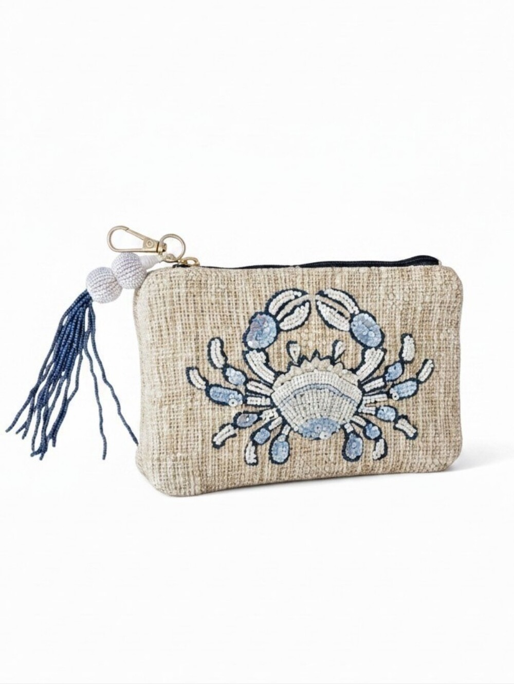 NWT Viral Beaded Blue Crab Wristlet On Natural Woven Fabric - India Handmade 🦀✨ - Picture 2 of 9